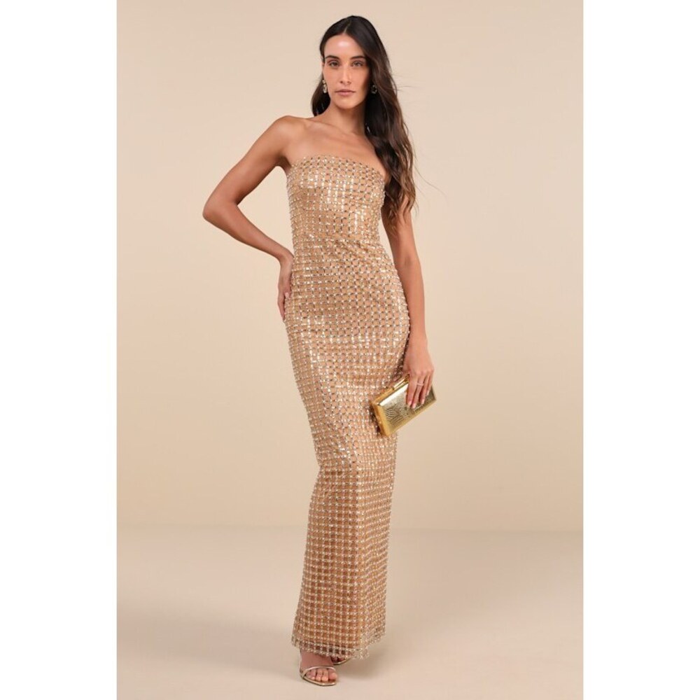 Lulus Perfectly Luxurious Tan Pearl Strapless Maxi Dress Gold - Size M